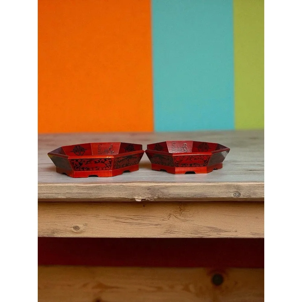 Vintage Korean Red Octagon Wooden Stack Serving Platter Trays Bowl Set Of‎ 2